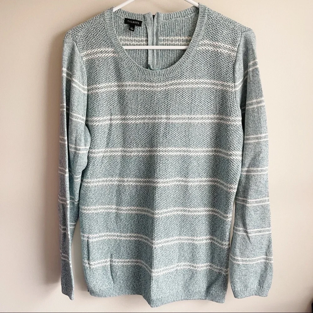 Talbots Blue Stirped Chunky Zipper Back Sweater